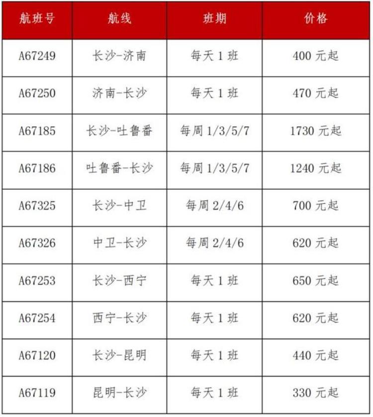 湖南长沙到济南机票价格,湖南航空全部航线