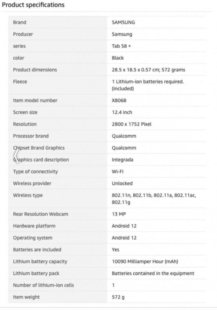 意大利亚马逊意外曝光GalaxyTabS8平板电脑配置细节