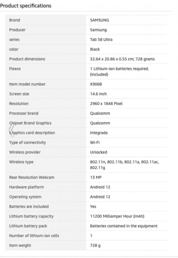意大利亚马逊意外曝光GalaxyTabS8平板电脑配置细节