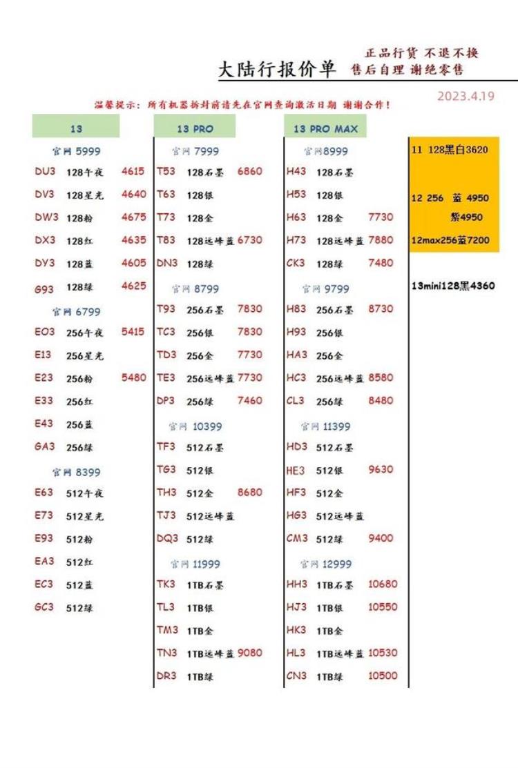 深圳华强北手机批发报价表「2023年4月19日深圳市华强北手机批发报价单」