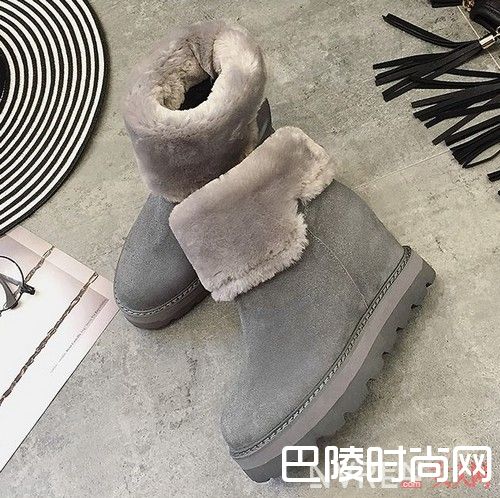 反毛牛皮刺绣猫咪雪地靴 中筒防水防滑瘦腿雪地靴头层牛皮磨砂雪地靴中筒真皮厚底雪地靴兔毛休闲平底雪地靴