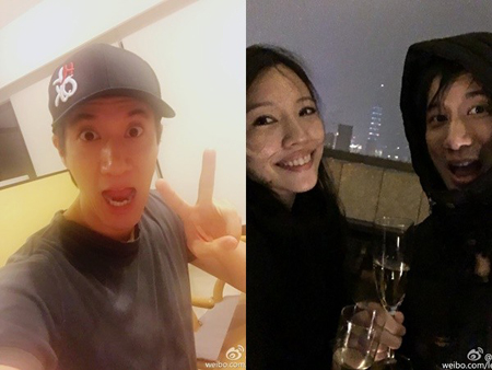 王力宏老婆合影成龙 疑P图过度柱子歪了