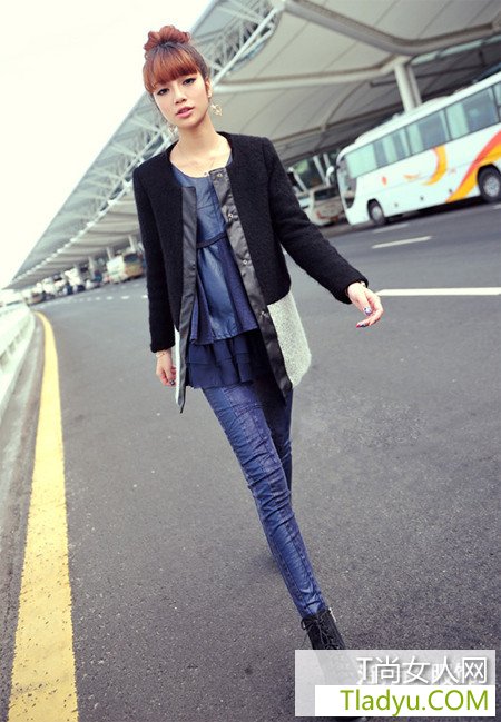 皮草肩领装饰纯色皮衣外套