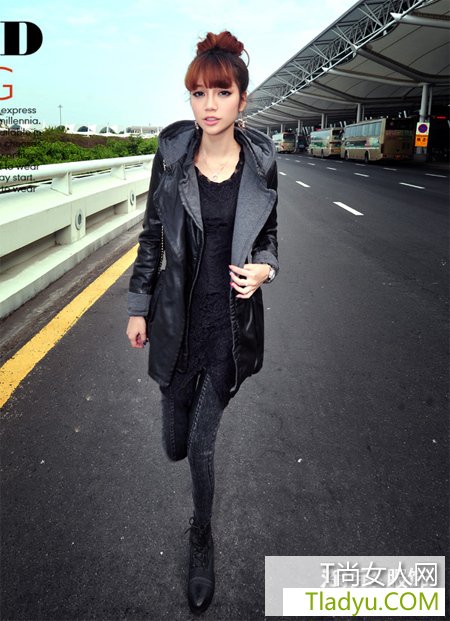 皮草肩领装饰纯色皮衣外套