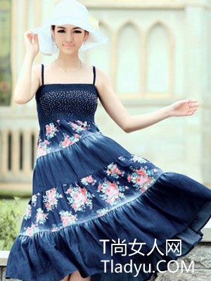 洗水牛仔蓝拼色波西米亚长裙