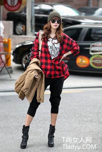 男友式格纹宽松衬衫