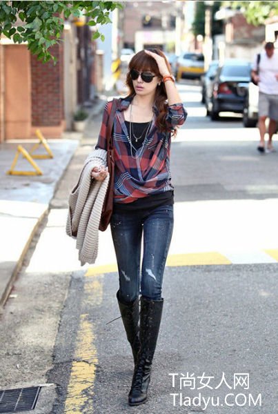 前襟交叉格纹衬衫